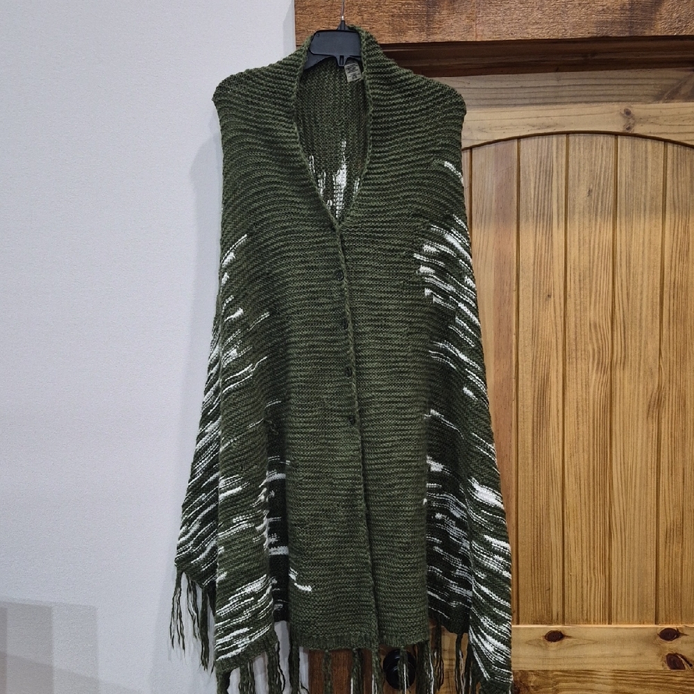 LuLaRoe Olive Green Knit Button Up Shawl with Fringe Cottagecore One Size